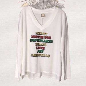 TruSelf Merry Christmas Ivory V-neck Sweater L